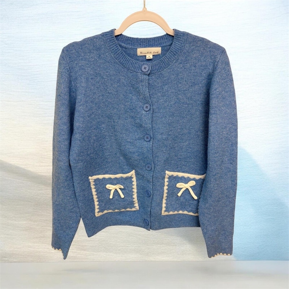 Coquette Grannycore Cardigan Bow Pockets Threaded Leaf Women M Blue Balletcore